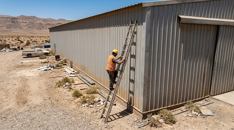 Trabajador subiendo una escala sin arnés