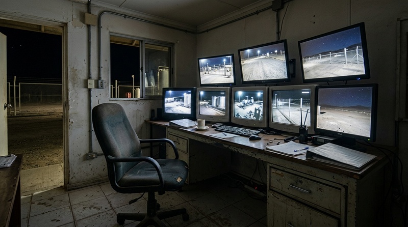 Sala de monitores encendidos con la silla vacía