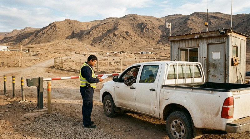 Guardia revisando una camioneta en la barrera de acceso