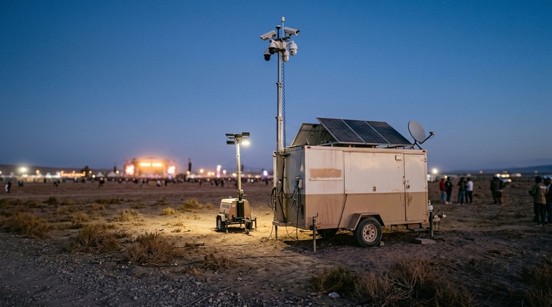 Unidad móvil con mástil de cámaras, paneles solares, antena satelital y torre de luz en un festival